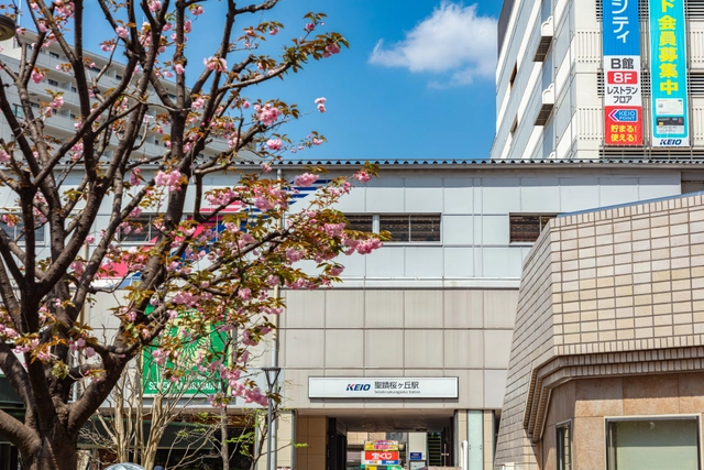 聖蹟桜ヶ丘駅の入口と八重桜｜東京都多摩市