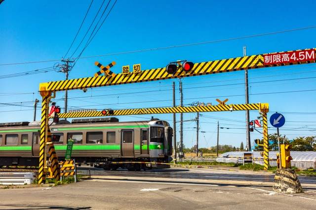 Tren Serie 721 en un paso a nivel de la Línea Gakuentoshi, distrito de Kita, Sapporo | Hokkaido